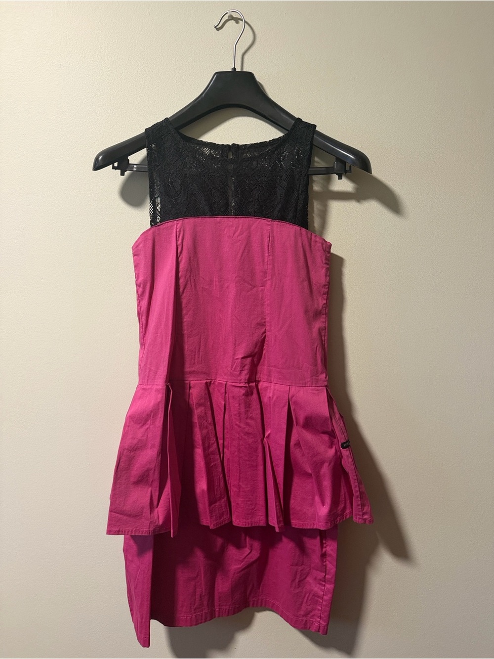 Pink Peplum Dress with Black Lace Yoke
